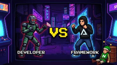 A pixel-art arcade versus screen pitting a Developer against a Framework between two cabinets.