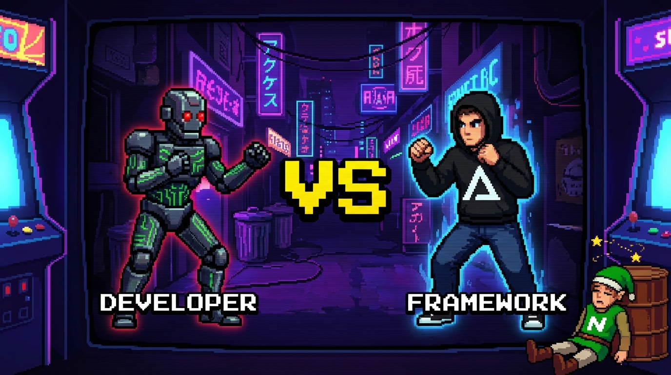 Pixel art VS screen: a robot developer fighter faces off against a hooded framework fighter, with a defeated Nuxt fighter slumped in the corner