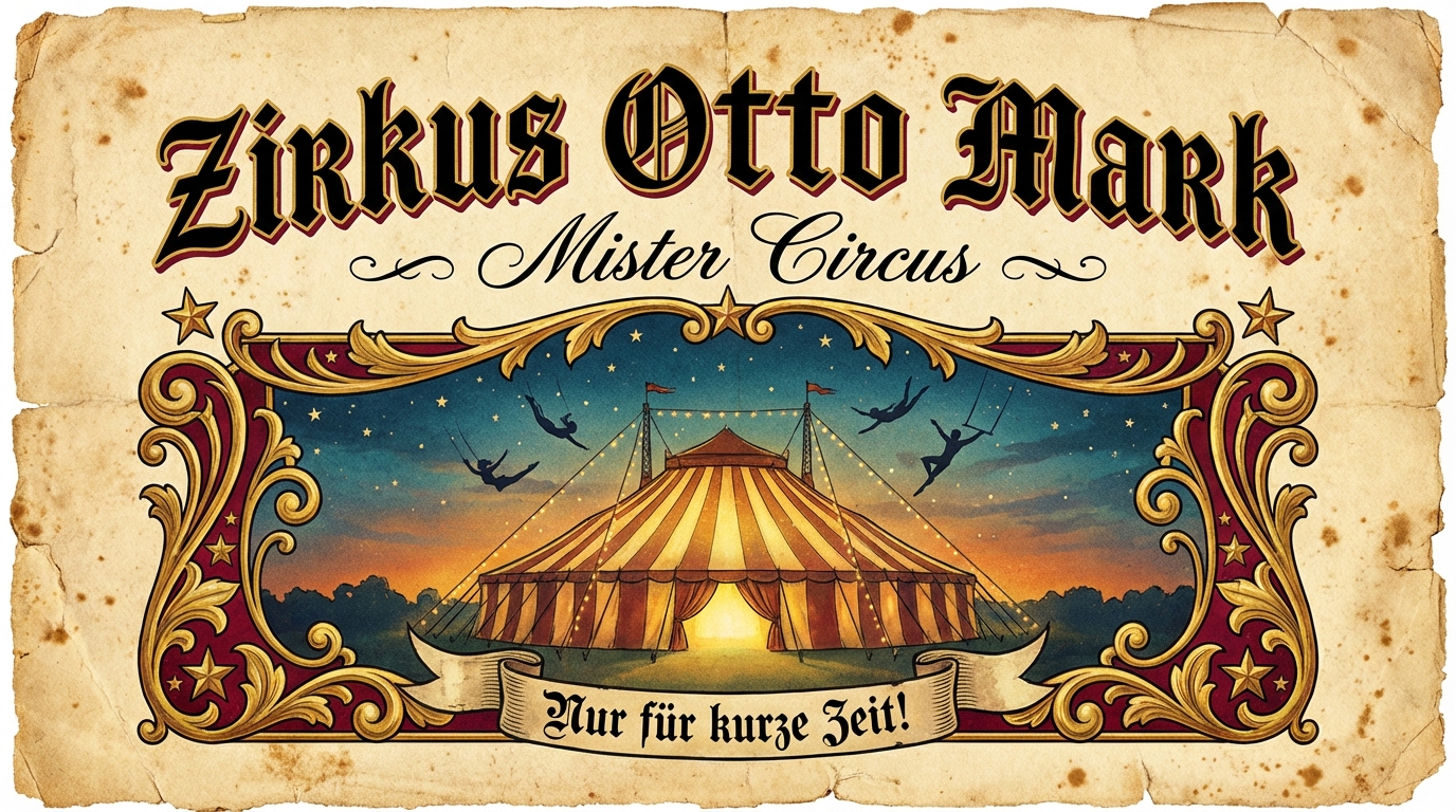 Vintage circus poster for Zirkus Otto Mark, featuring a big top tent, trapeze artists, and ornate gold borders in the style of an early 1900s German circus playbill