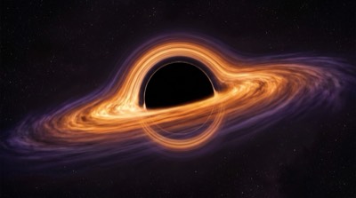 A black hole ringed by a glowing orange accretion disc against a violet starfield.