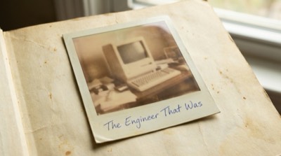 A sepia polaroid of an old desktop computer, captioned The Engineer That Was, resting on an album page.
