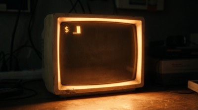 A glowing amber CRT monitor in a dark room, showing a shell prompt.
