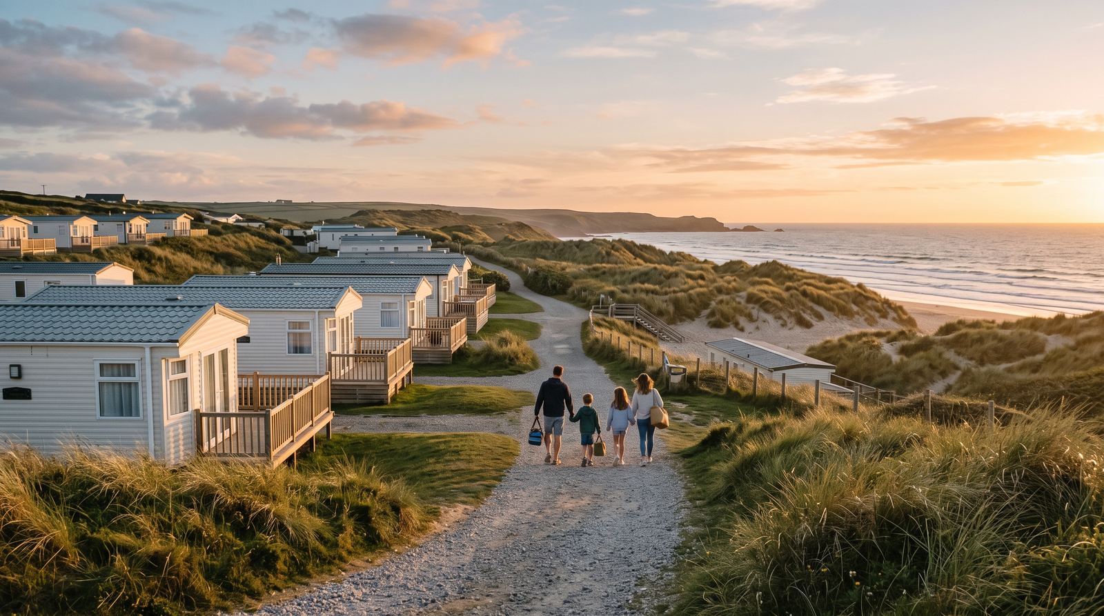 A seaside holiday park of static caravans at golden hour, a family walking towards the dunes and the sea
