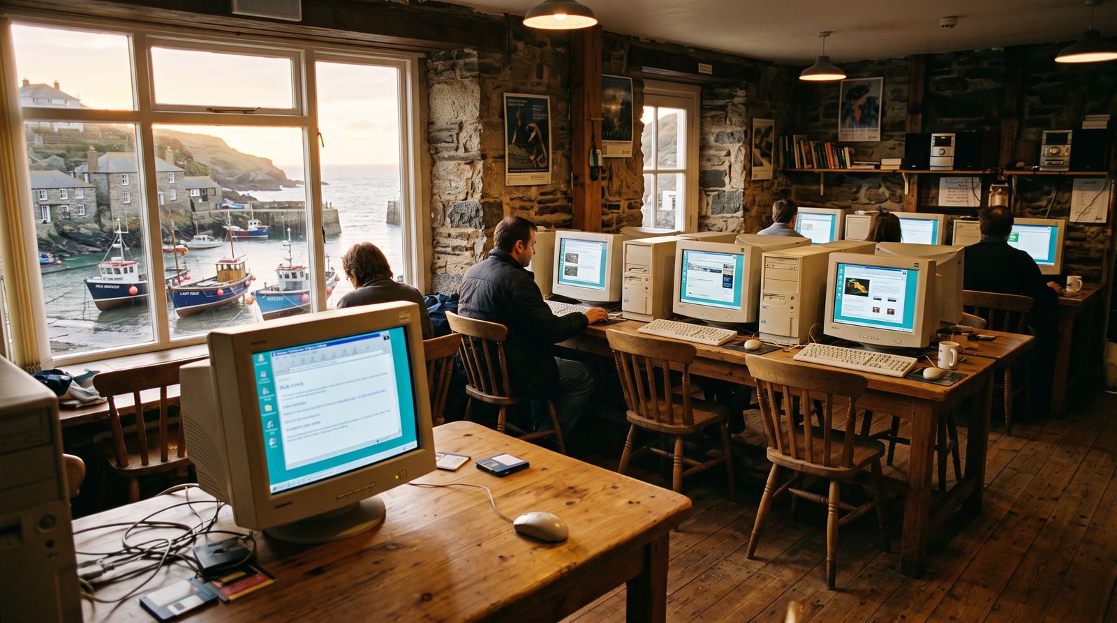 A small Cornish seaside internet cafe around 1999, rows of beige PCs with a harbour through the window