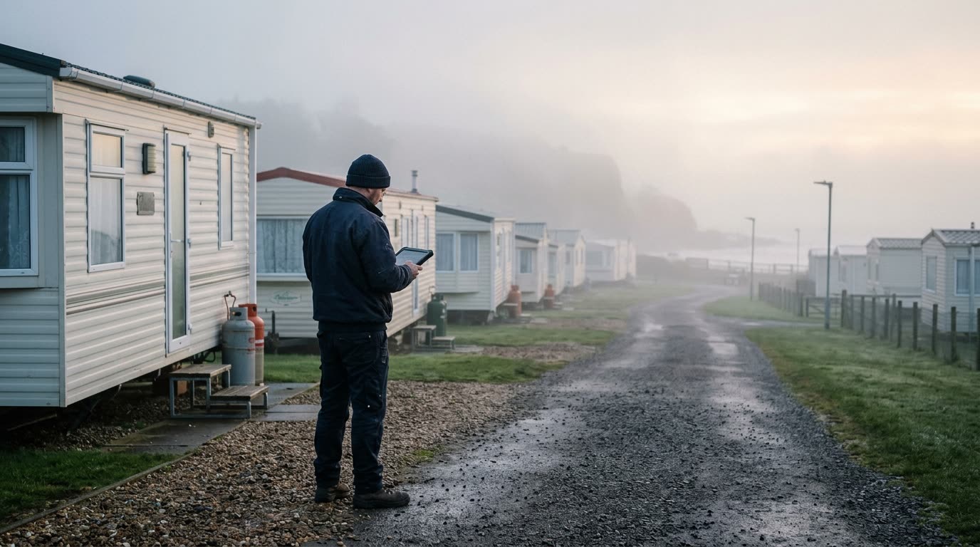 Early morning mist at a holiday park, a maintenance worker holding a rugged tablet beside a static caravan