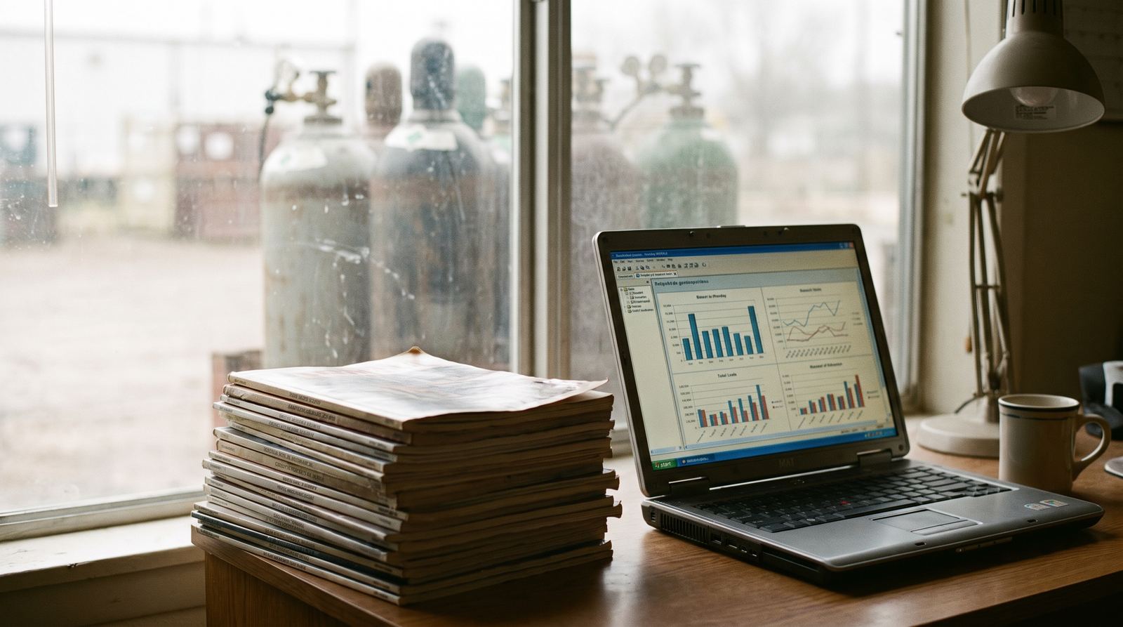 A stack of printed trade magazines next to a laptop showing charts, with gas cylinders out of focus by the window