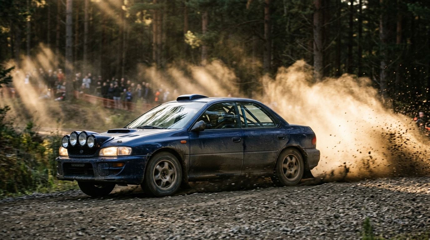 A rally car with a pod of spotlights drifting out of a gravel forest hairpin, a plume of dust lit by low sun and spectators behind