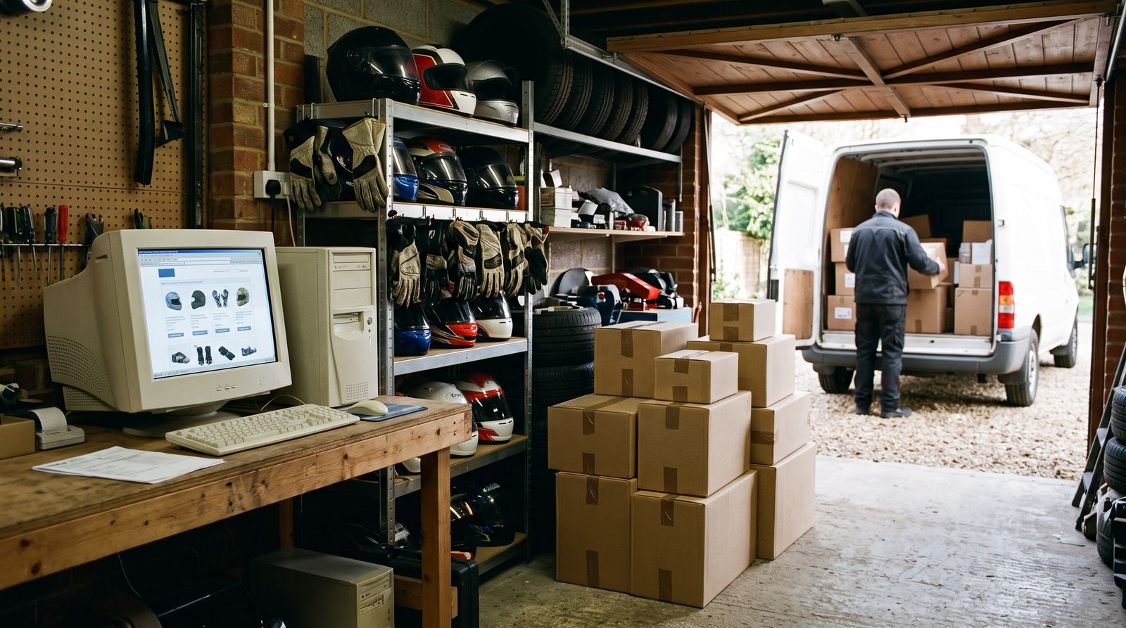 A home garage in the 2000s: an old PC showing an online shop, shelves of helmets and race gloves, and parcels being loaded into a courier van