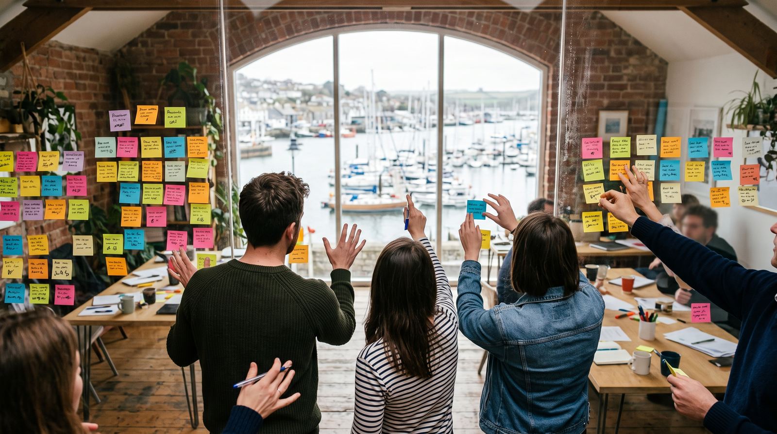 A client workshop in a Falmouth design studio, people at a glass wall covered in sticky notes with the harbour outside