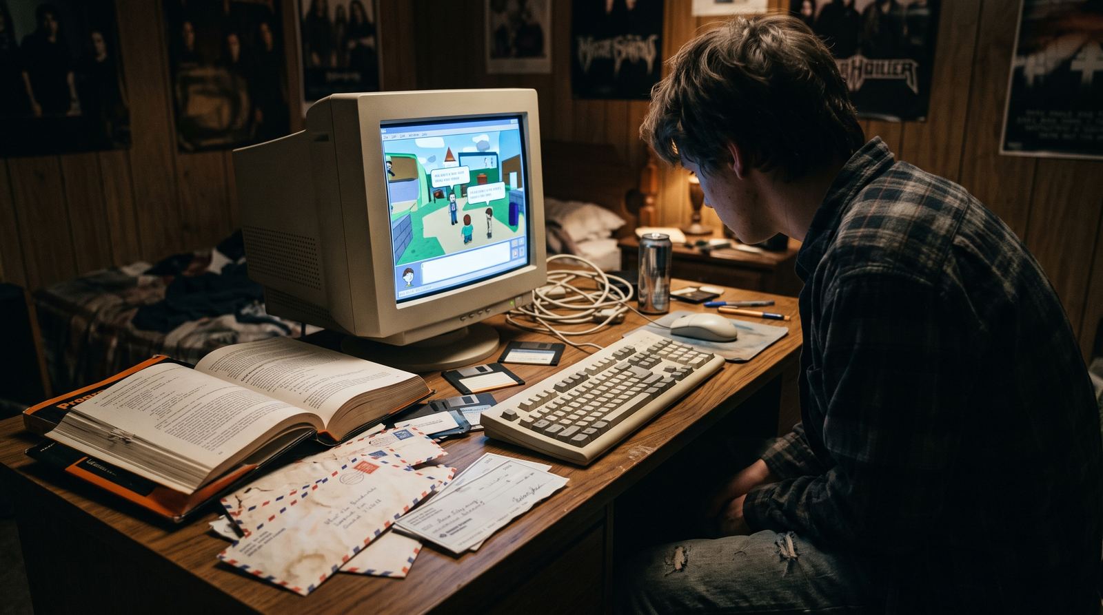 A late 1990s bedroom at night: a teenager at a beige computer showing a cartoon virtual world, with a programming book, airmail envelopes and cheques on the desk