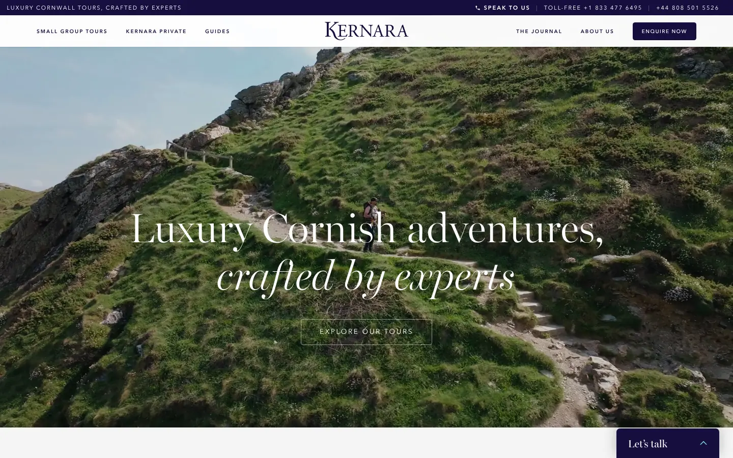 Kernara homepage: a walker on a grassy Cornish coast path under the headline Luxury Cornish adventures, crafted by experts