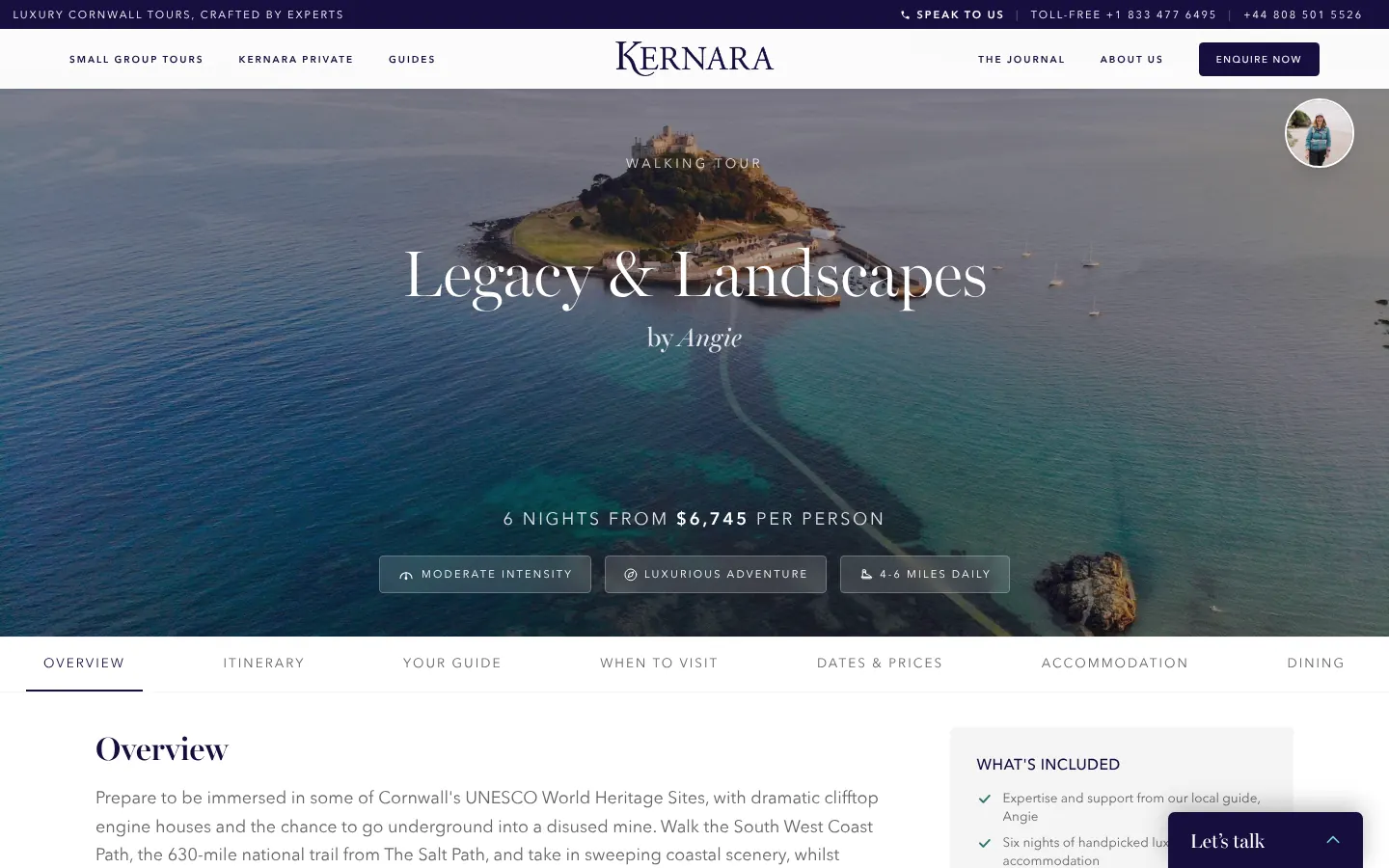 A Kernara tour page with an aerial shot of St Michael's Mount, the tour name Legacy and Landscapes and its price per person