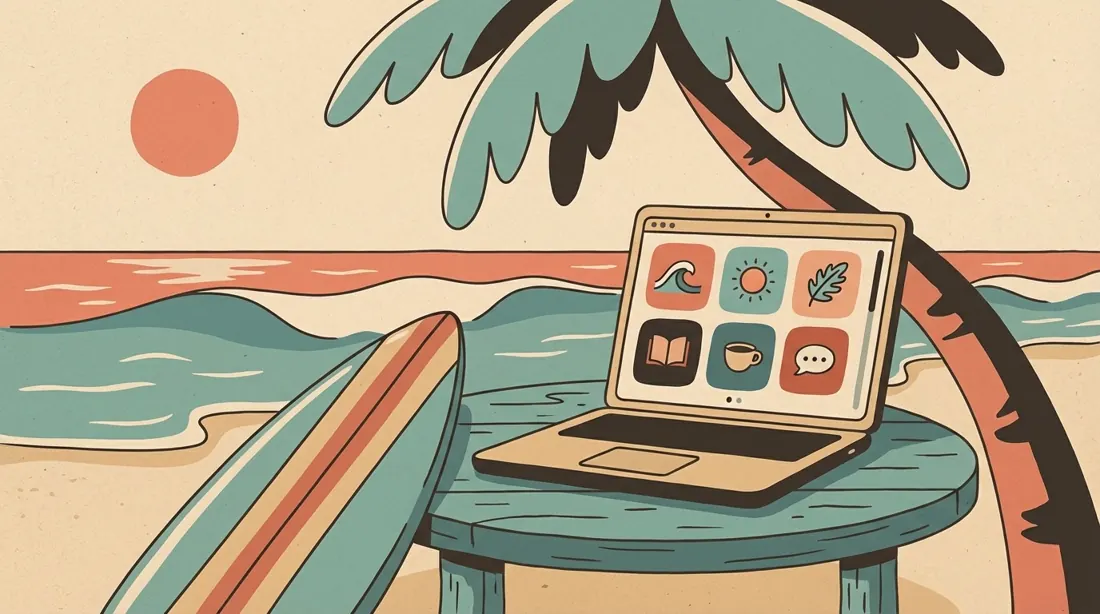 Illustration of a laptop full of app icons on a table by the beach