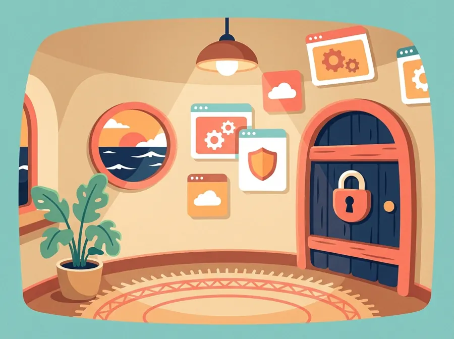 Illustration of a cosy private room with a locked door and app icons on the wall