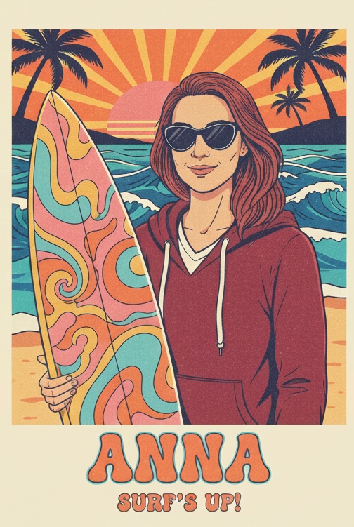 Vintage surf poster of Anna with surfboard - SURF'S UP!
