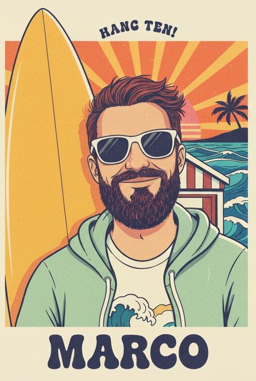 Vintage surf poster of Marco with surfboard - HANG TEN!